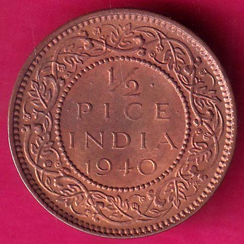 UNC BRITISH INDIA 1940 1/2 PICE GEORGE VI COPPER COIN –@HUB3090