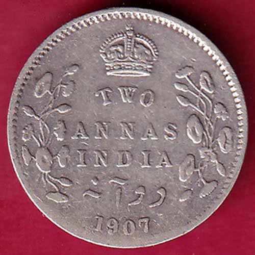 BRITISH INDIA 1907 EDWARD VII TWO ANNAS SILVER COIN – S1871