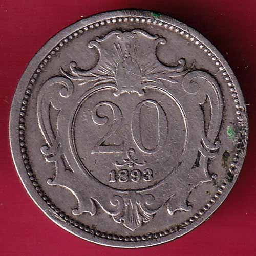 World Coin 20 Heller 1893 :- S2222