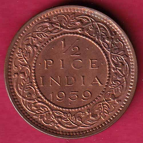BRITISH INDIA 1939 GEORGE VI 1/2 PICE COPPER COIN  – S1059