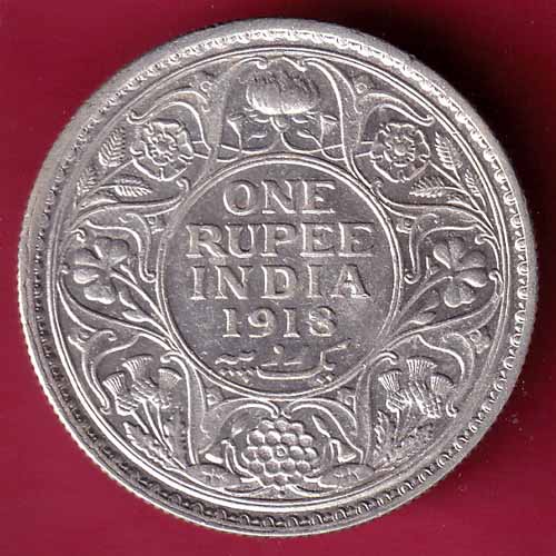British India 1918 Bombay Mint George V One Rupee Silver Coin :- S2490