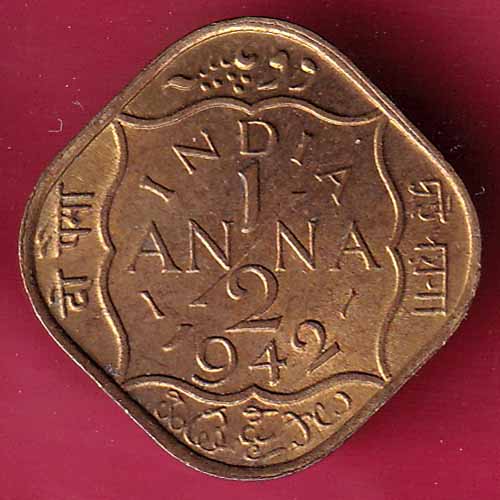 BRITISH INDIA 1942 GEORGE VI 1/2 ANNA COIN – S2011