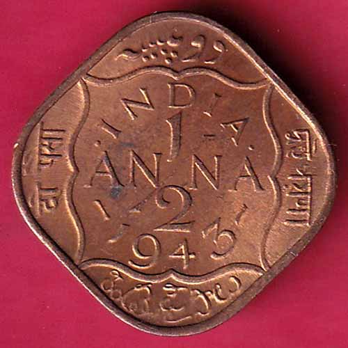 BRITISH INDIA 1943 GEORGE VI 1/2 ANNA COIN – S991