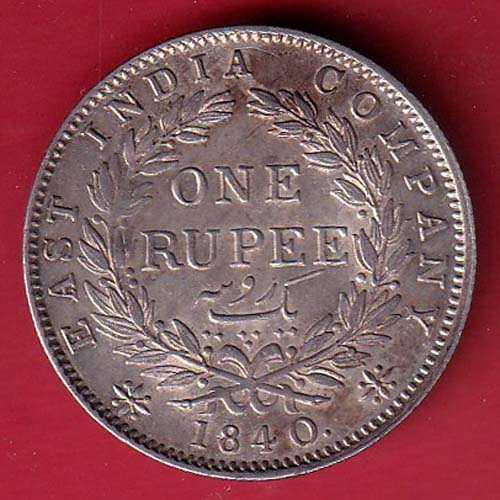 EAST INDIA COMPANY 1840 CONTINIOUS LEGEND VICTORIA QUEEN 1 RUPEE SILVER COIN-–OO5756