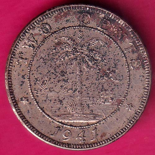 World Coin Liberia 2 Cents Elephant within circle above star 1941 –@HUB2659