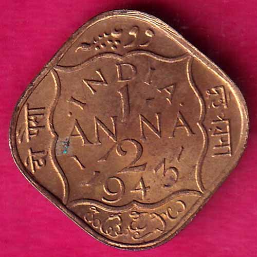 BRITISH INDIA 1943 GEORGE VI 1/2 ANNA COIN –@HUB2189