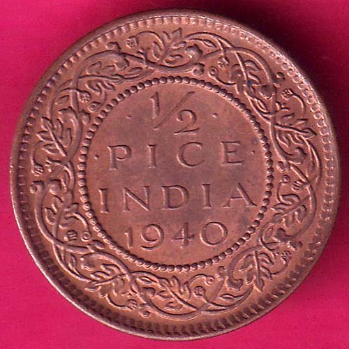 UNC BRITISH INDIA 1940 GEORGE VI 1/2 PICE RARE COIN :- OO1398