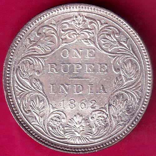 BRITISH INDIA 1862 - 1 dot on top VICTORIA QUEEN ONE RUPEE RARE SILVER COIN:- OO376