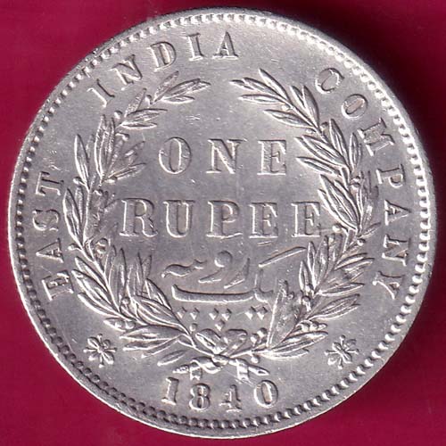 EAST INDIA COMPANY 1840 DIVIDED LEGEND VICTORIA QUEEN ONE RUPEE SILVER COIN–@HUB2522