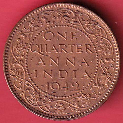 BRITISH INDIA 1942 GEORGE VI ONE QUARTER ANNA :- OO3145
