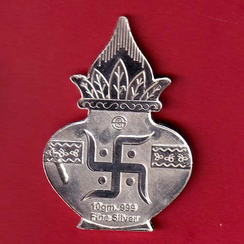 SILVER TOKEN: Weight – 9.91 gm: ganeshji kalash with swastika mark :- OO3686