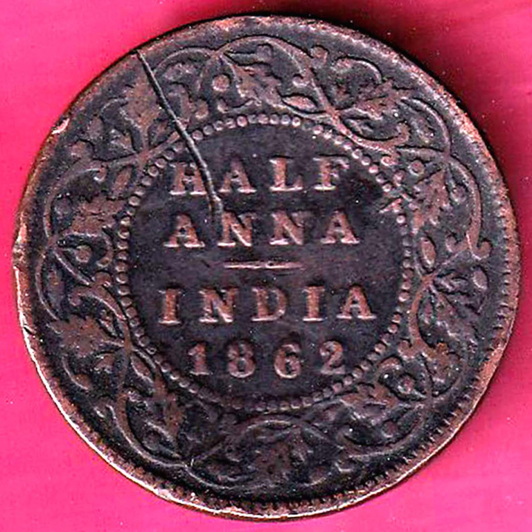 British india 1862 victoria queen half anna copper coin –@HUB4555
