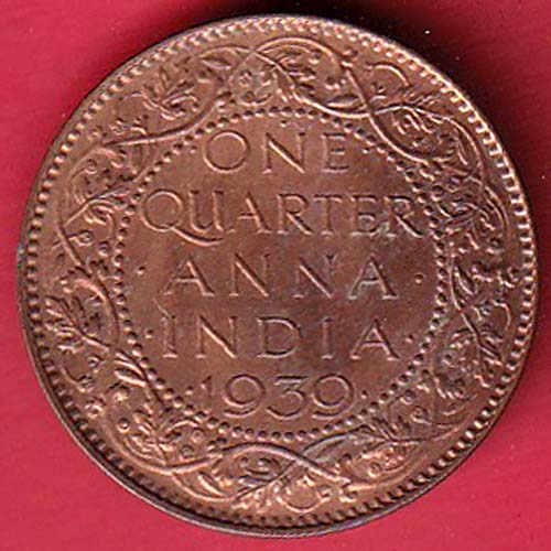 “UNC” BRITISH INDIA 1939 ONE QURTER ANNA GEORGE VI COPPER COIN –@HUB5351