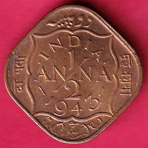 BRITISH INDIA 1943 GEORGE VI 1/2 ANNA COIN – S1054