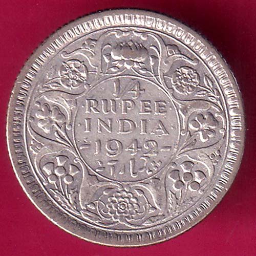 BRITISH INDIA 1942 GEORGE VI 1/4 RUPEE BEAUTIFUL SILVER COIN - OO2120