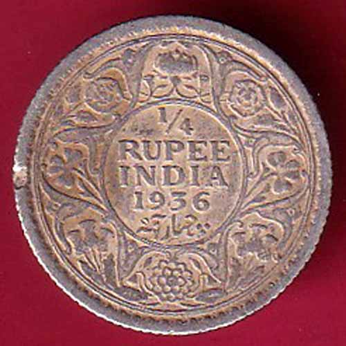 British India 1936 George V 1/4 Rupee Silver Coin–VA953