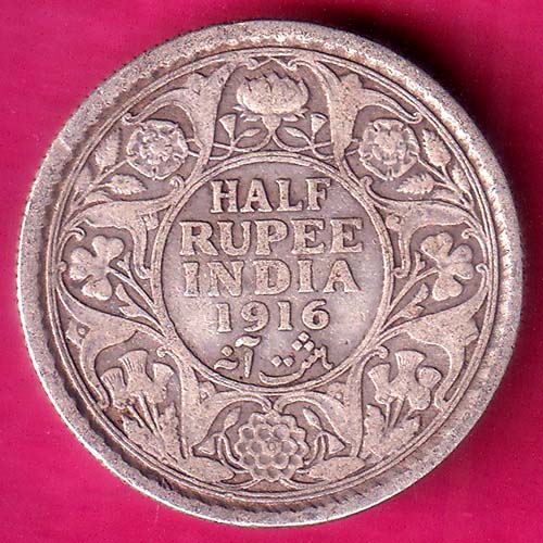 BRITISH INDIA 1916 GEORGE V HALF RUPEE RARE SILVER COIN:- OO1644