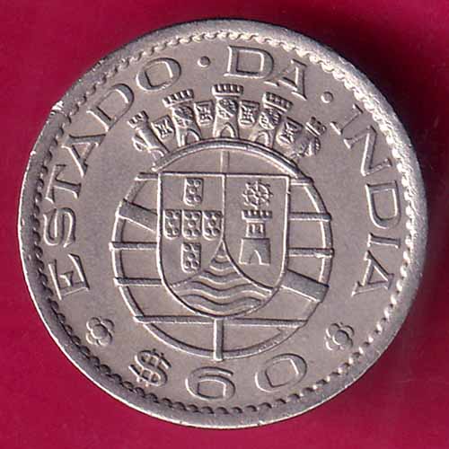 PORTUGUESE INDIA 1958 GOA 60 CENTAVOS  COIN:- OO448