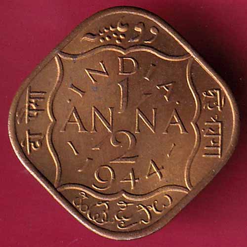 BRITISH INDIA 1944 GEORGE VI 1/2 ANNA COIN –@HUB1648