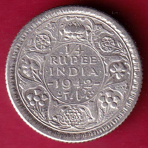BRITISH INDIA 1942 GEORGE VI 1/4 RUPEE BEAUTIFUL SILVER COIN– S1839