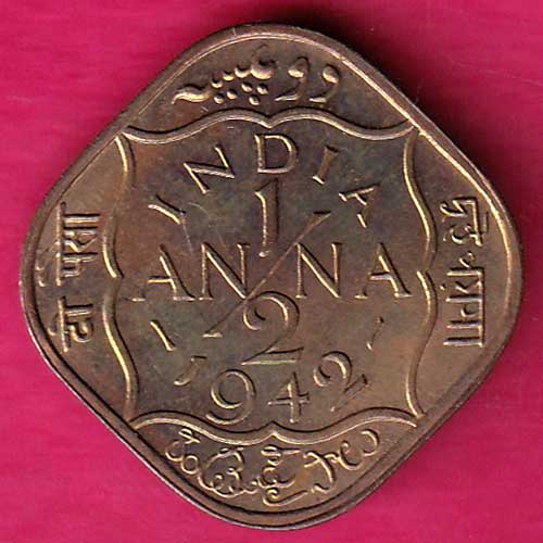 BRITISH INDIA 1942 GEORGE VI 1/2 ANNA COIN- @HUB1976