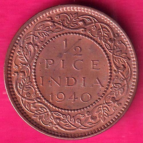 BRITISH INDIA 1940 1/2 pice COPPER COIN  –@HUB2756