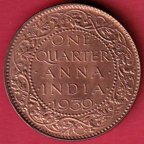 UNC BRITISH INDIA 1939 ONE QURTER ANNA GEORGE VI COPPER COIN:- oo3155