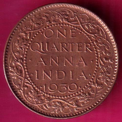UNC BRITISH INDIA 1939 ONE QURTER ANNA GEORGE VI COPPER COIN –@HUB2687