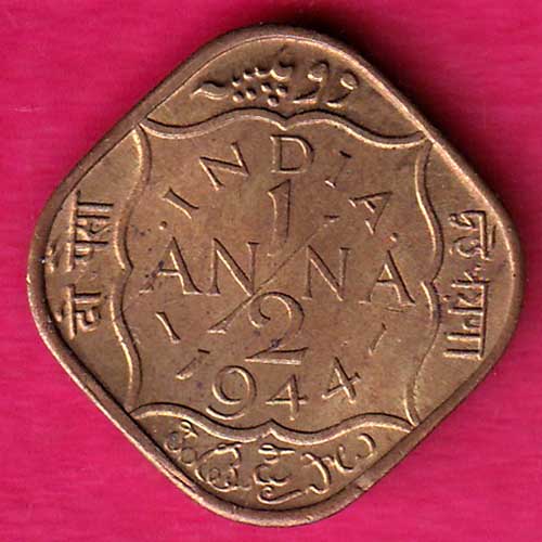 BRITISH INDIA 1944 GEORGE VI 1/2 ANNA COIN - @HUB1975