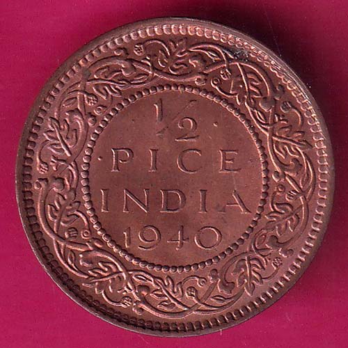 UNC BRITISH INDIA 1940 1/2 PICE GEORGE VI COPPER COIN –@HUB3088