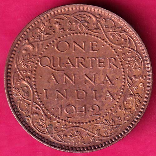 BRITISH INDIA 1942 GEORGE VI ONE QUARTER ANNA@hub5021