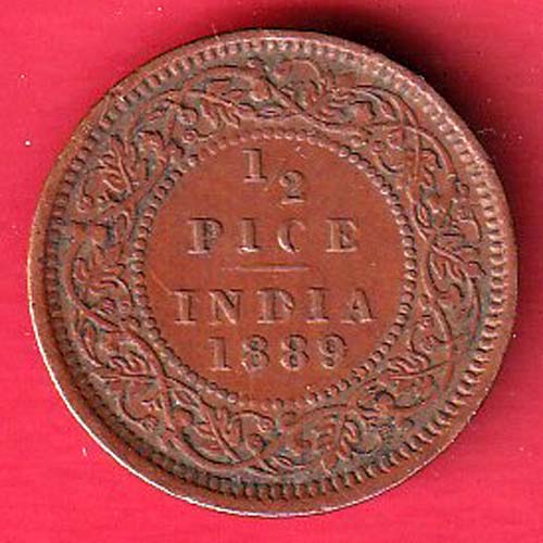 BRITISH INDIA 1889  VICTORIA EMPRESS  1/2 PICE COPPER COIN –OO4274