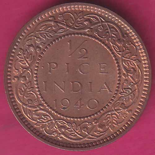 BRITISH INDIA 1940 UNC 1/2 PICE GEORGE VI COPPER COIN–@HUB2641