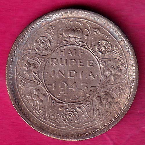 UNC BRITISH INDIA 1943 LAHORE MINT GEORGE VI HALF RUPEE BEAUTIFUL SILVER COIN :- OO1384