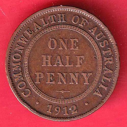 georgivs V D.G. COMMONWELTH OF AUSTRLIA 1912 ONE HALF PENNY :- OO3139