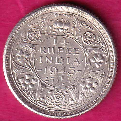 BRITISH INDIA 1943  GEORGE VI 1/4 RUPEE SILVER COIN :- OO429