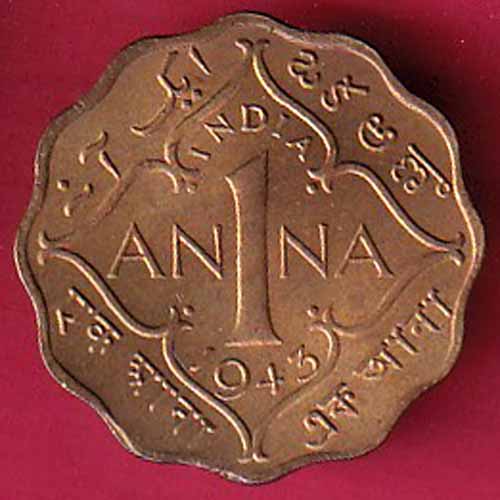 British India 1943 George Vi 1 ANNA COIN :- S2789