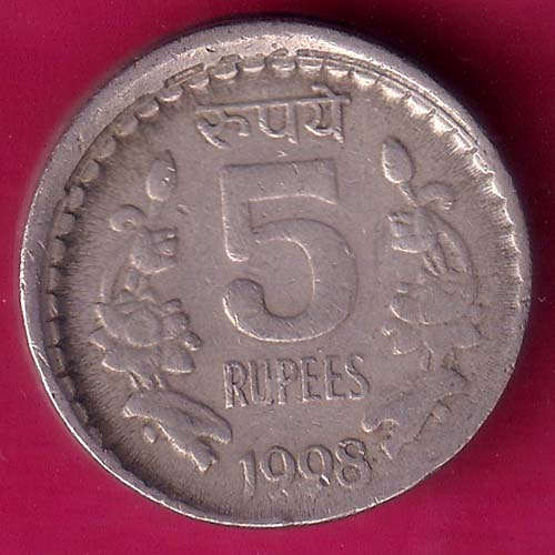 “ERROR SHIFTED ” republic india 1998  FIVE rupee rare coin:- OO1954