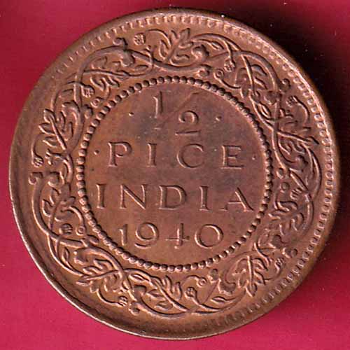 BRITISH INDIA 1940 UNC 1/2 PICE GEORGE VI COPPER COIN :-S2652