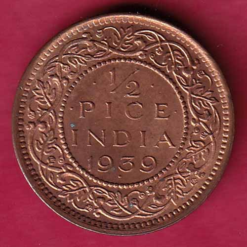 BRITISH INDIA 1939 GEORGE VI 1/2 PICE COPPER COIN –@HUB1856