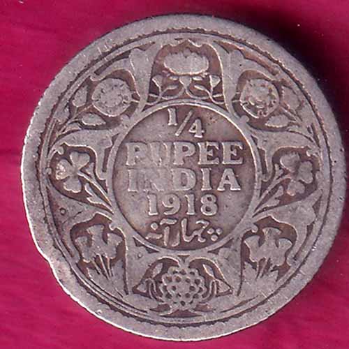 British India 1918  George v 1/4 Rupee silver coin–@HUB3657