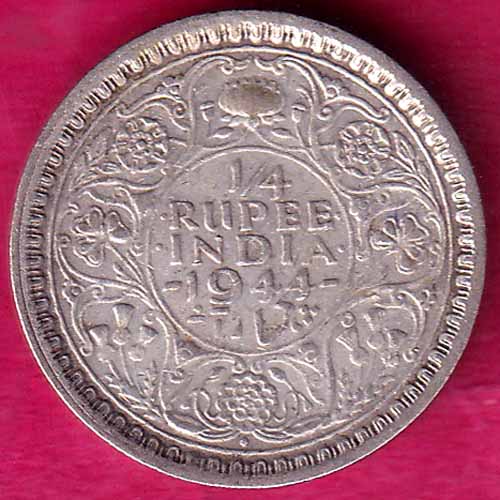 BRITISH INDIA 1944 BOMBAY MINT GEORGE VI 1/4 RUPEE BEAUTIFUL SILVER COIN:- OO430