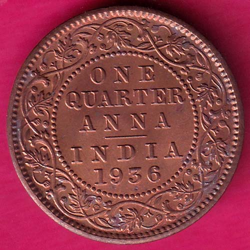 BRITISH INDIA 1936 GEORGE V KING EMPEROR ONE QUARTER ANNA –@HUB2838