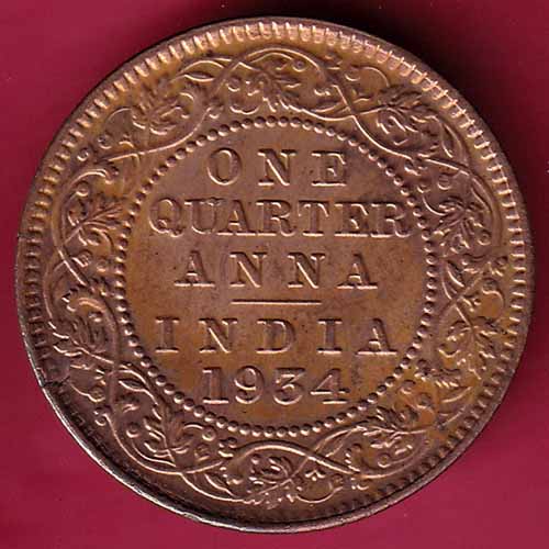 BRITISH INDIA 1934 GEORGE V KING EMPEROR ONE QUARTER ANNA  – S993