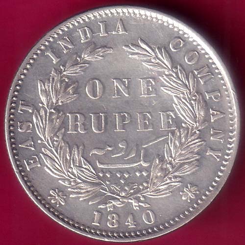 EAST INDIA COMPANY 1840 DIVIDED LEGEND VICTORIA QUEEN ONE RUPEE SILVER COIN–@HUB2920