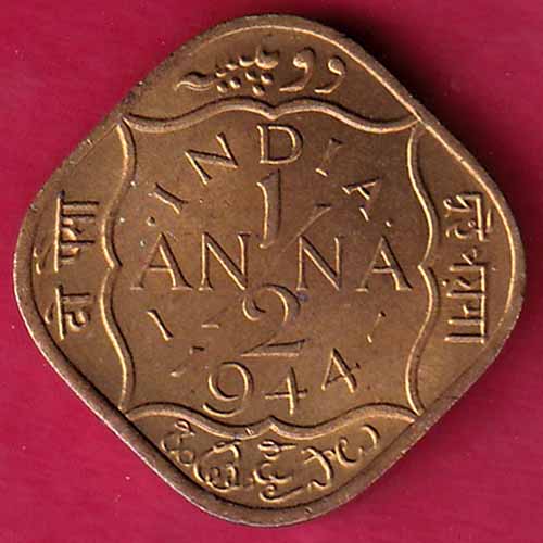 BRITISH INDIA 1944 GEORGE VI 1/2 ANNA COIN :- S1204