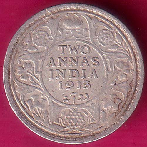BRITISH INDIA 1913 BOMBAY MINT GEORGE V TWO ANNAS BEAUTIFUL SILVER COIN–@HUB3431
