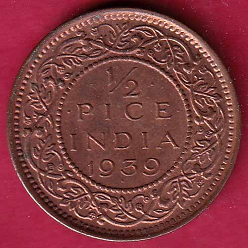 BRITISH INDIA 1939 1/2 pice COPPER COIN–@HUB2076