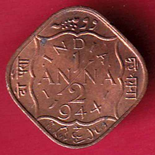 BRITISH INDIA 1944 GEORGE VI 1/2 ANNA RARE COIN –VA382