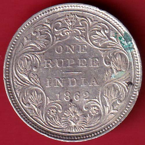 BRITISH INDIA 1862 (0/4 DOTS) VICTORIA QUEEN ONE RUPEE BEAUTIFUL SILVER COIN–@HUB5446